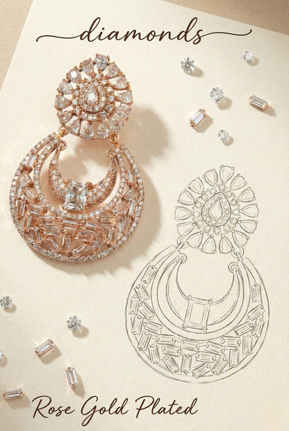 Meira Jewellery Rose Gold Finish Stylish CZ Studded Chandbali Drop Earrings for Women and Girls, Floral Top Motif Party, Wedding Jewellery, Sparkling Statement Dangle Western Earrings for Festive-01