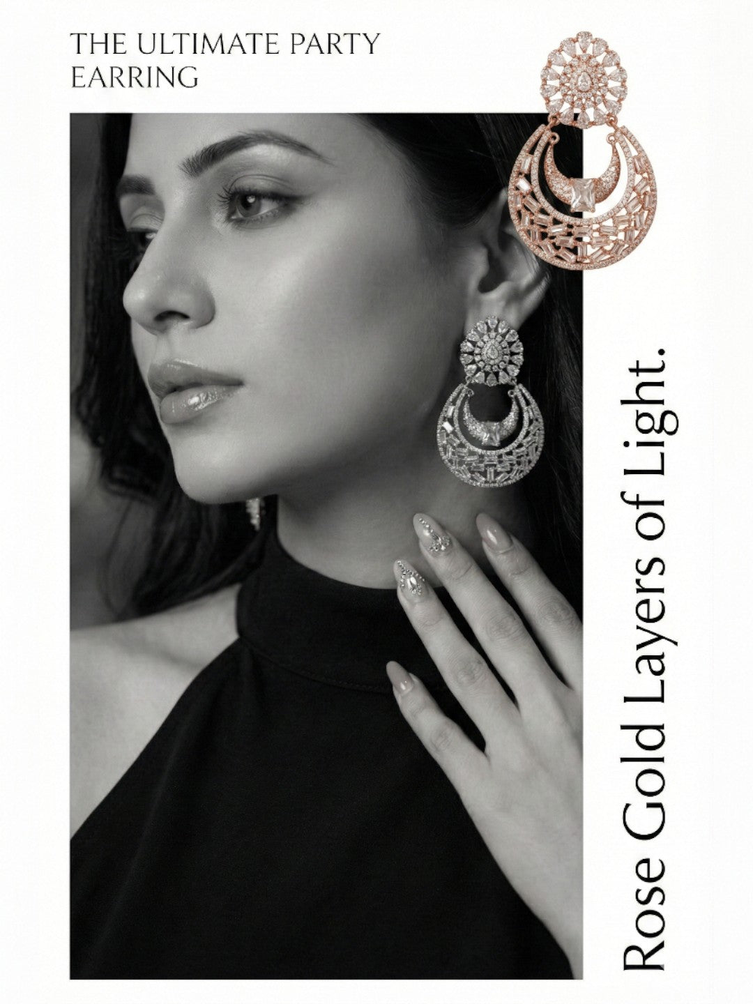 Meira Jewellery Rose Gold Finish Stylish CZ Studded Chandbali Drop Earrings for Women and Girls, Floral Top Motif Party, Wedding Jewellery, Sparkling Statement Dangle Western Earrings for Festive-01