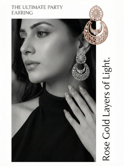 Meira Jewellery Rose Gold Finish Stylish CZ Studded Chandbali Drop Earrings for Women and Girls, Floral Top Motif Party, Wedding Jewellery, Sparkling Statement Dangle Western Earrings for Festive-01