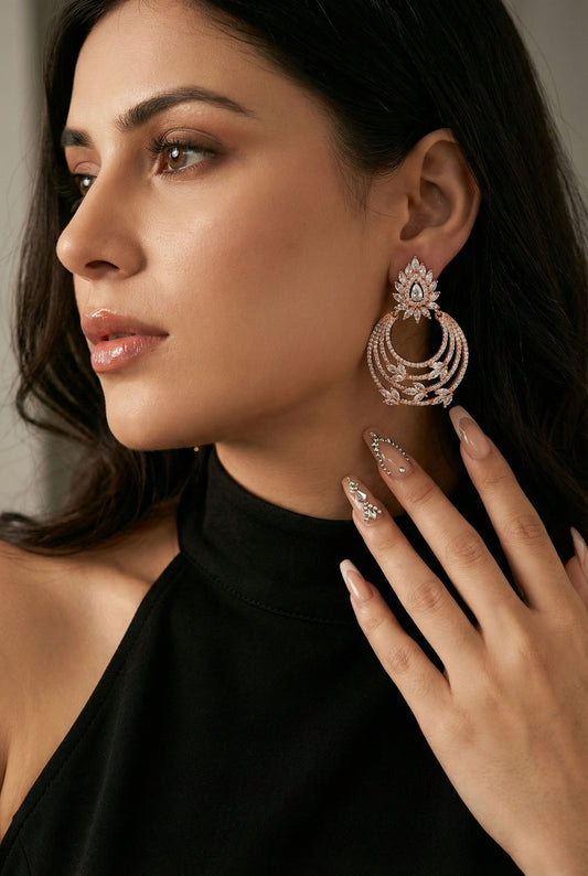 Meira Jewellery Rose Gold Finish Stylish CZ Studded Chandbali Drop Earrings for Women and Girls, Floral Top Motif Party, Wedding Jewellery, Sparkling Statement Dangle Western Earrings for Festive-02