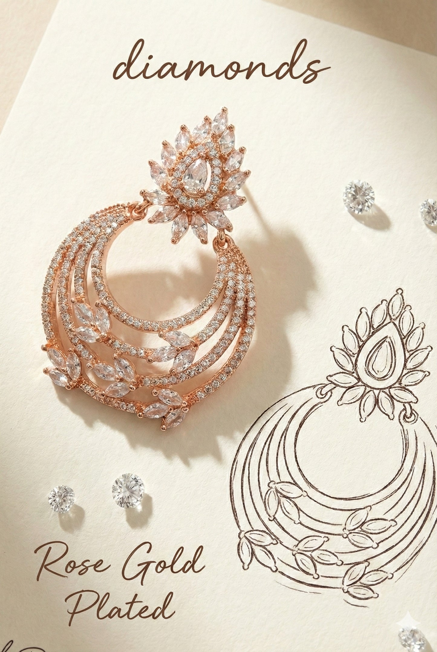 Meira Jewellery Rose Gold Finish Stylish CZ Studded Chandbali Drop Earrings for Women and Girls, Floral Top Motif Party, Wedding Jewellery, Sparkling Statement Dangle Western Earrings for Festive-02