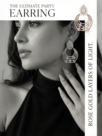 Meira Jewellery Rose Gold Finish Stylish CZ Studded Chandbali Drop Earrings for Women and Girls, Floral Top Motif Party, Wedding Jewellery, Sparkling Statement Dangle Western Earrings for Festive-02