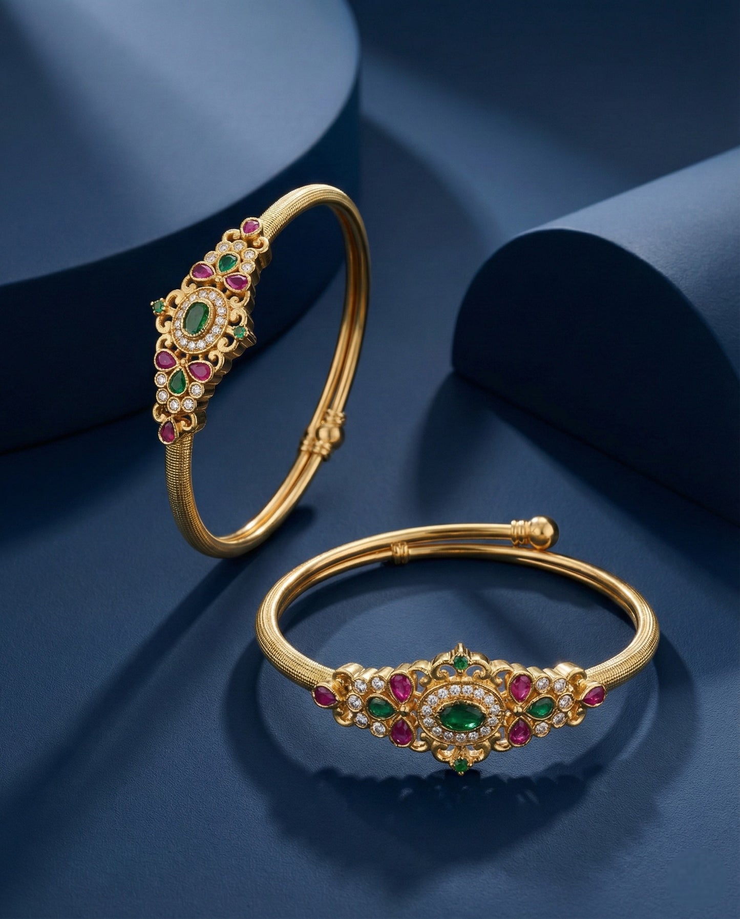 Traditional Gold Finish Stone Studded Kada Bangles with Oval Motif and Temple Inspired Detailing for Women