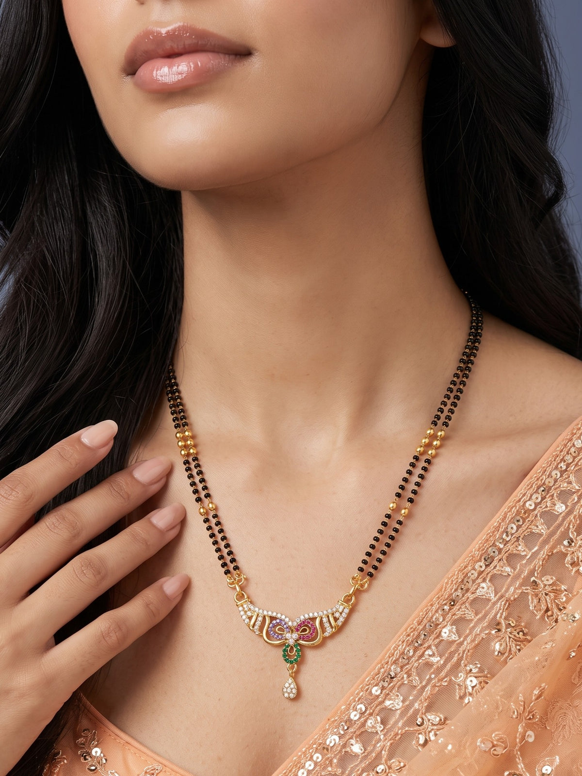 Gold Plated AD Studded Stylish Double Chain Mangalsutra for Women