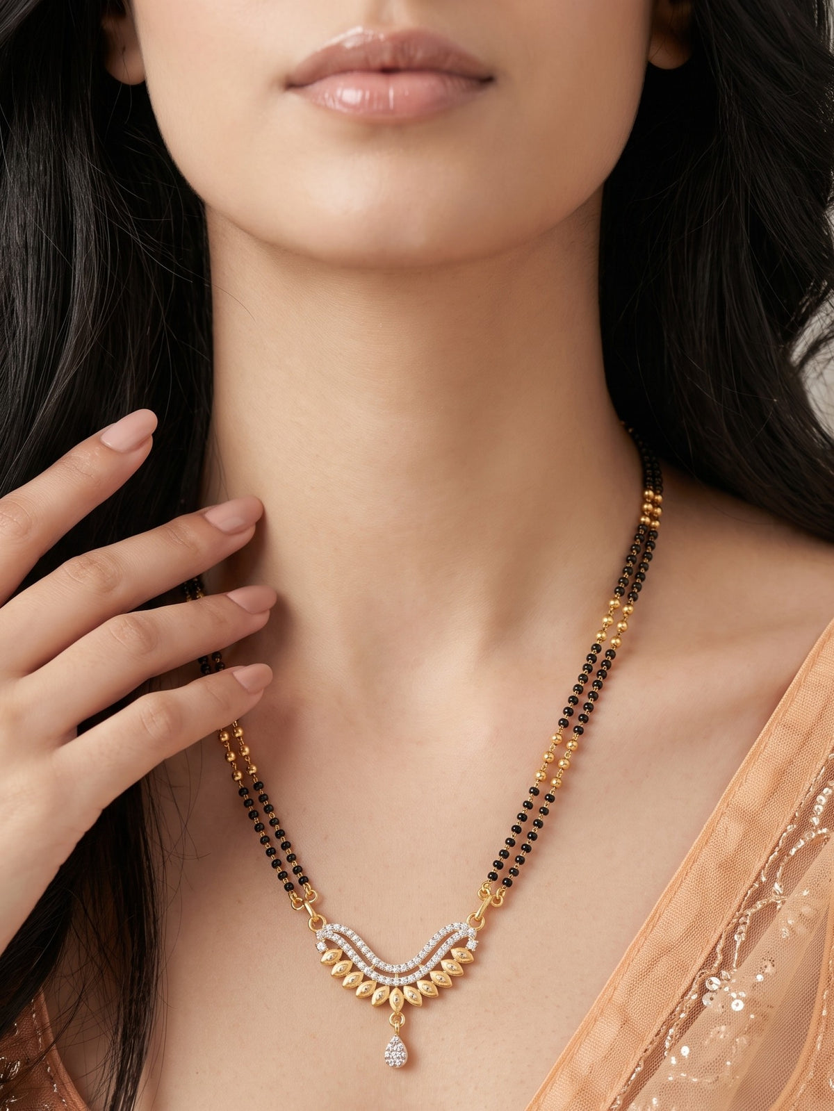 Gold Plated AD Studded Stylish Double Chain Mangalsutra for Women
