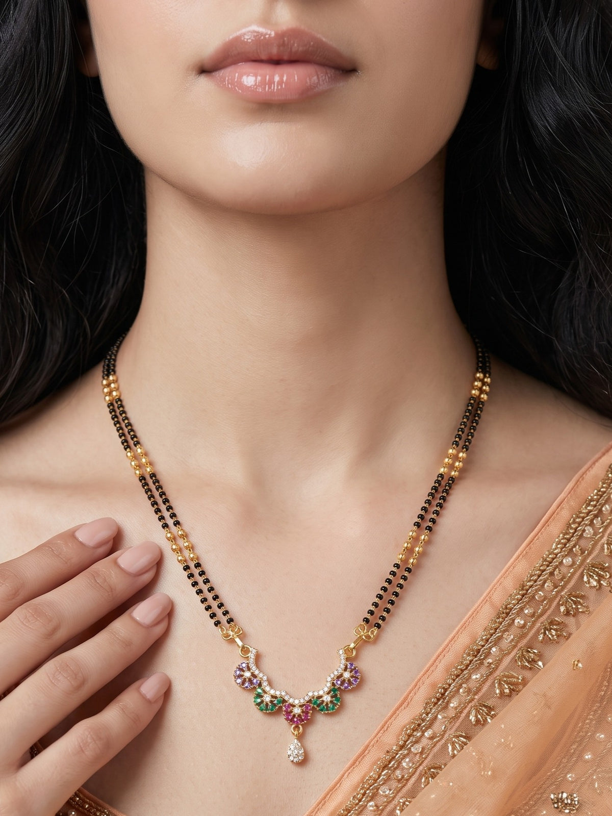 Gold Plated AD Studded Stylish Double Chain Mangalsutra for Women