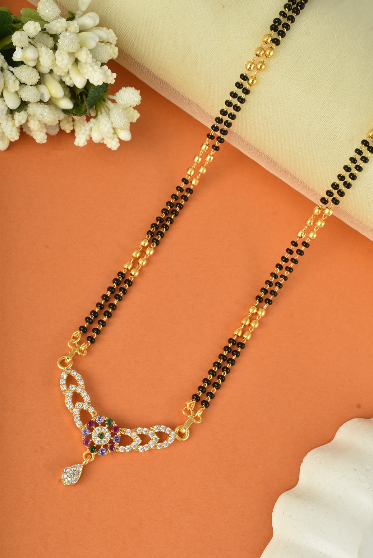 Gold Plated AD Studded Stylish Double Chain Mangalsutra for Women