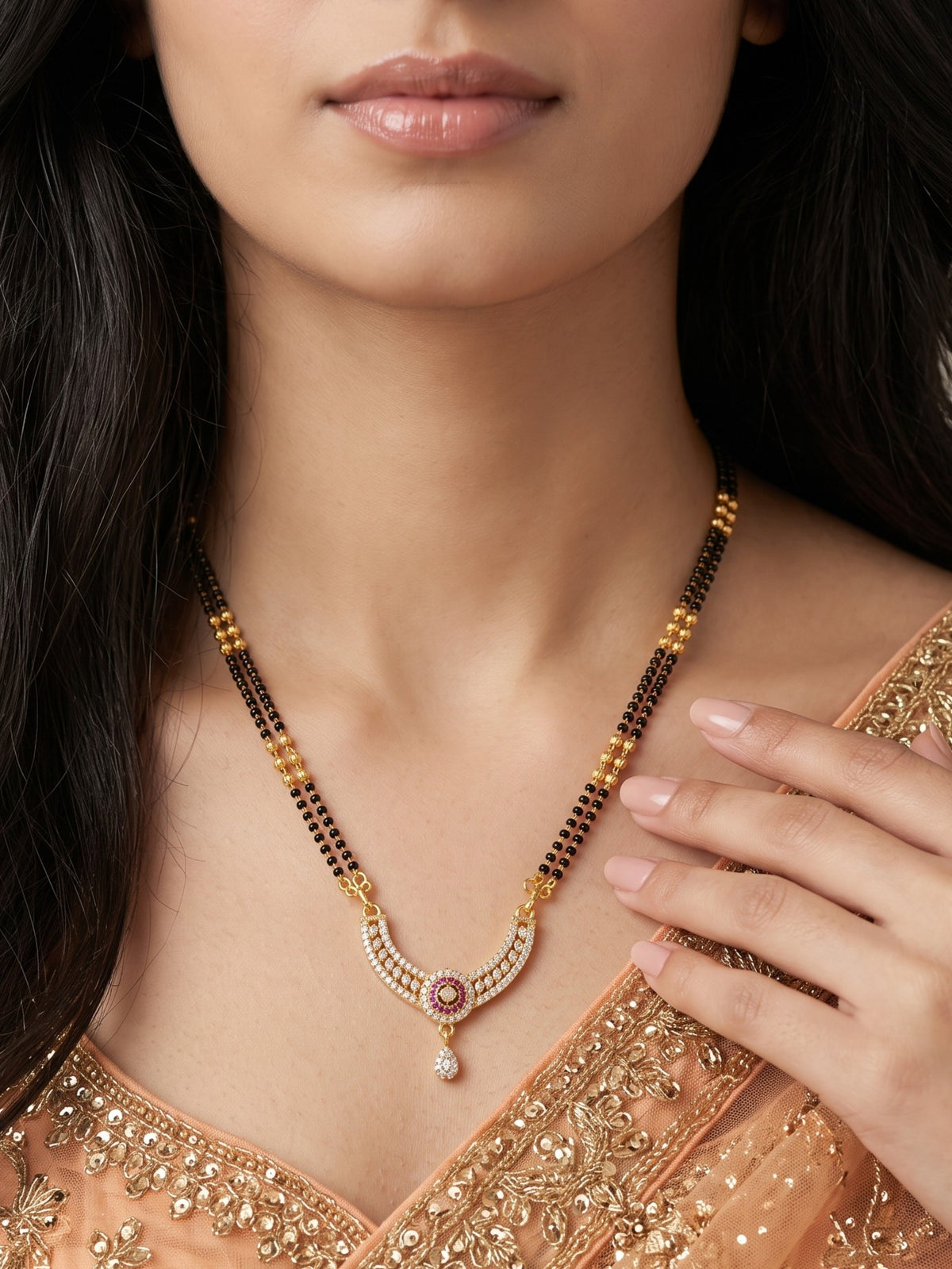 Gold Plated AD Studded Stylish Double Chain Mangalsutra for Women
