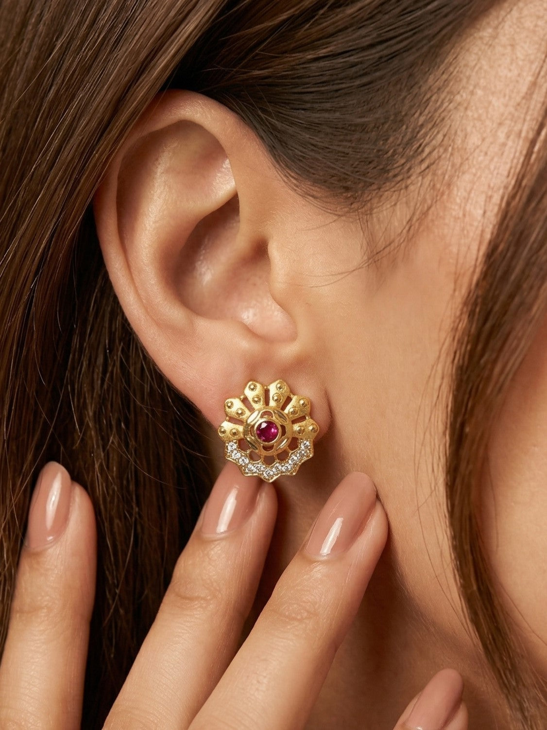 Gold-Toned Stone Stud Earrings with Elegant Finish for Women and Girls