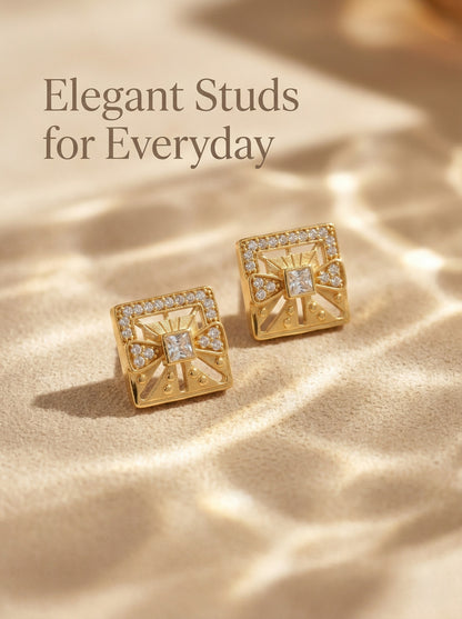 Gold-Toned Stone Stud Earrings with Elegant Finish for Women and Girls