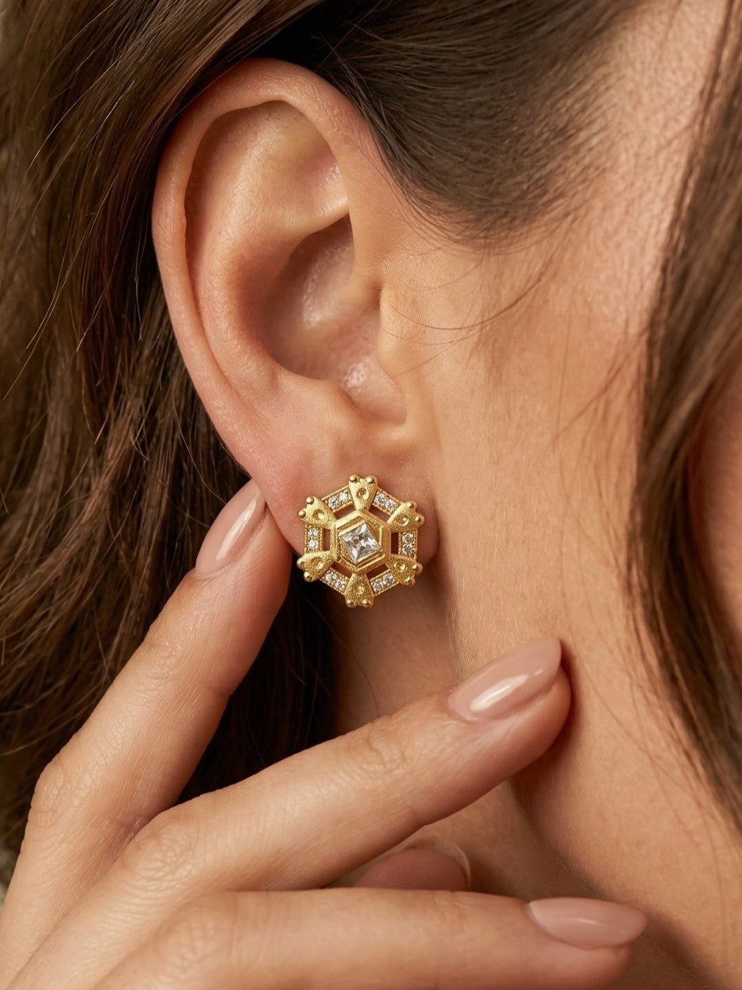 Gold-Toned Stone Stud Earrings with Elegant Finish for Women and Girls