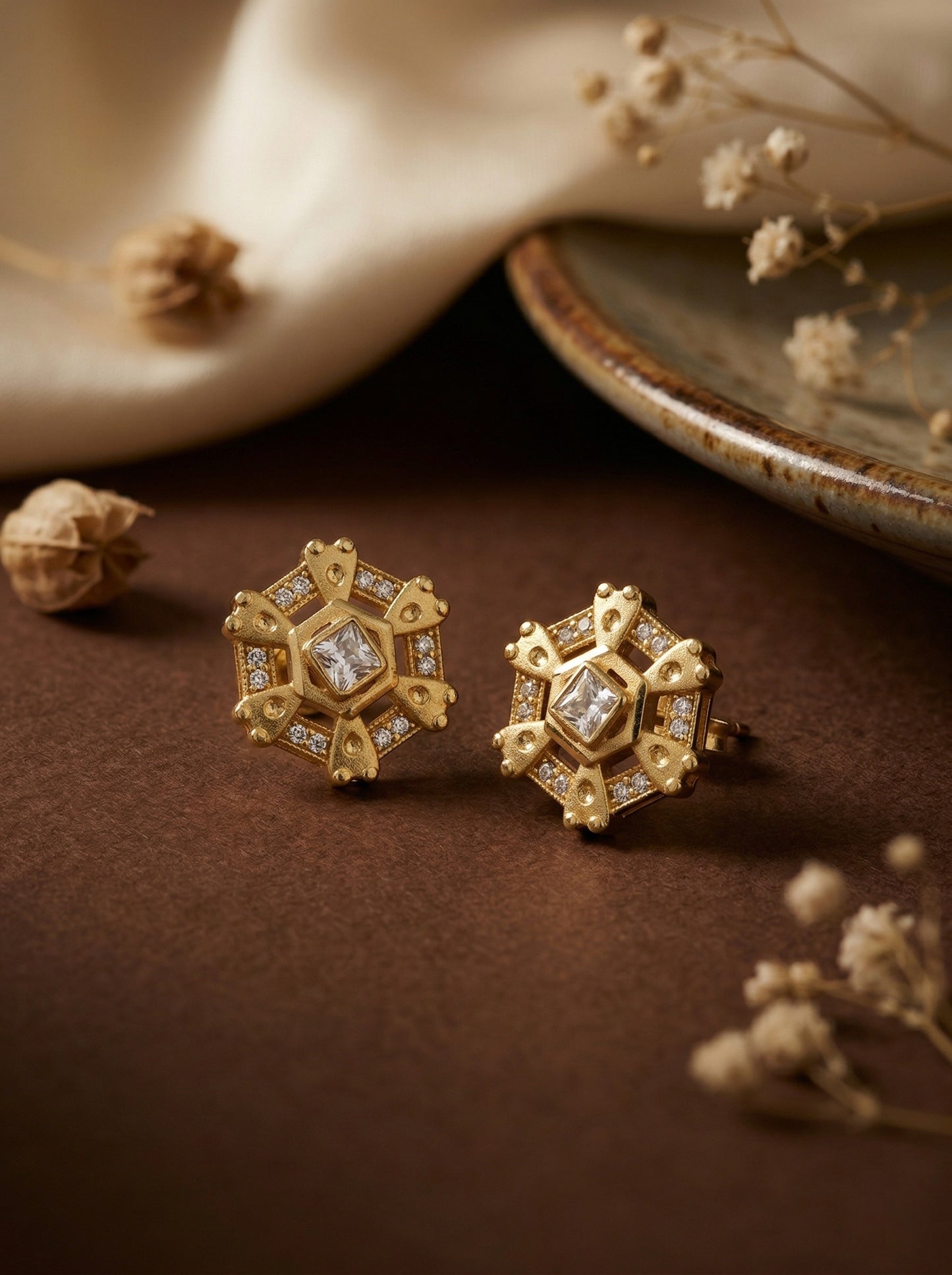 Gold-Toned Stone Stud Earrings with Elegant Finish for Women and Girls