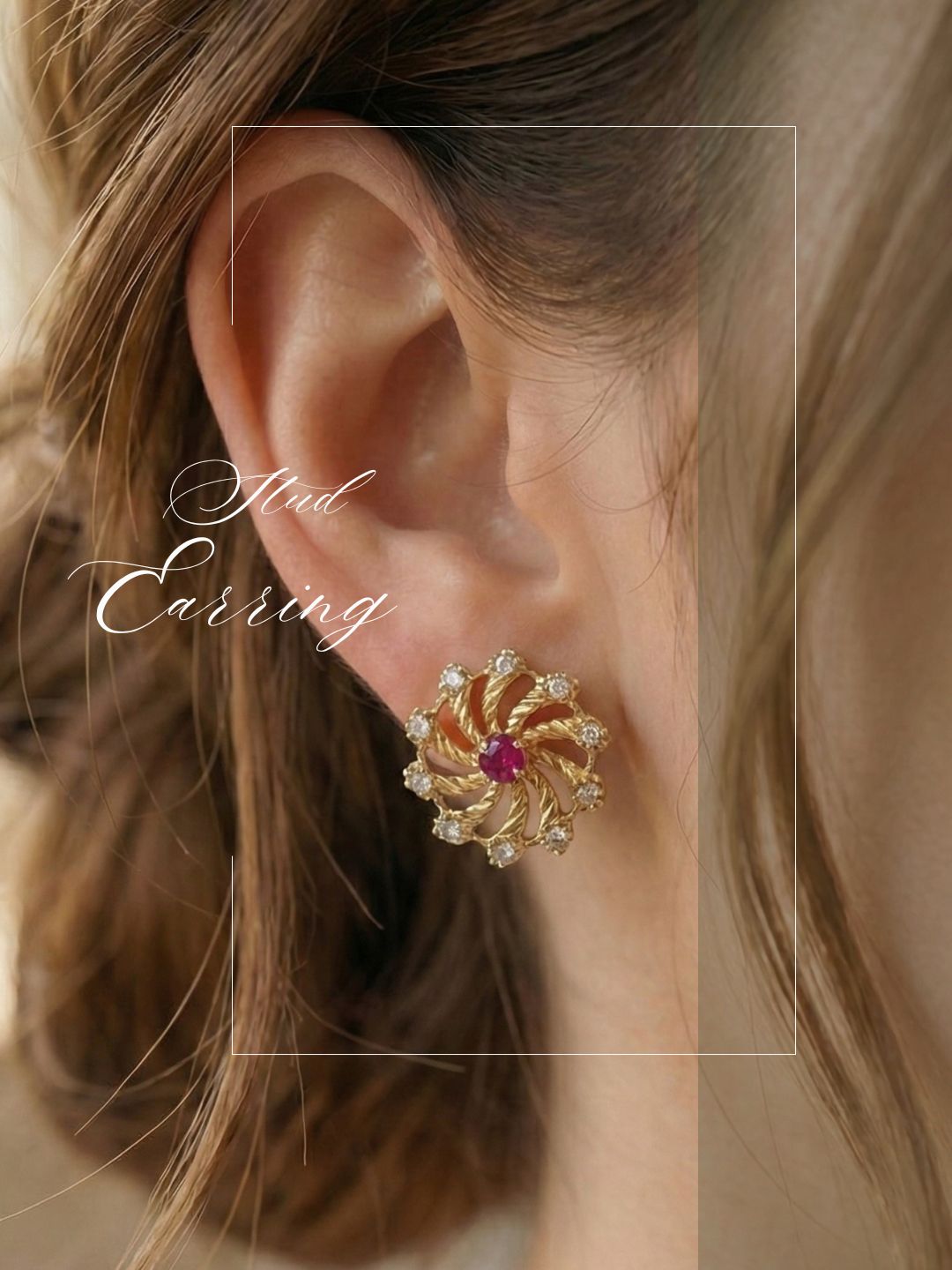 Meira Jewellery Gold Plated Floral & Geometric CZ Stud Earrings for Women, Ruby Centre Stone with Sparkling CZ Accents, Ethnic Traditional Party Jewellery, Lightweight Everyday Small Office Earring-01
