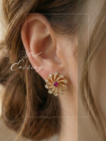 Meira Jewellery Gold Plated Floral & Geometric CZ Stud Earrings for Women, Ruby Centre Stone with Sparkling CZ Accents, Ethnic Traditional Party Jewellery, Lightweight Everyday Small Office Earring-01