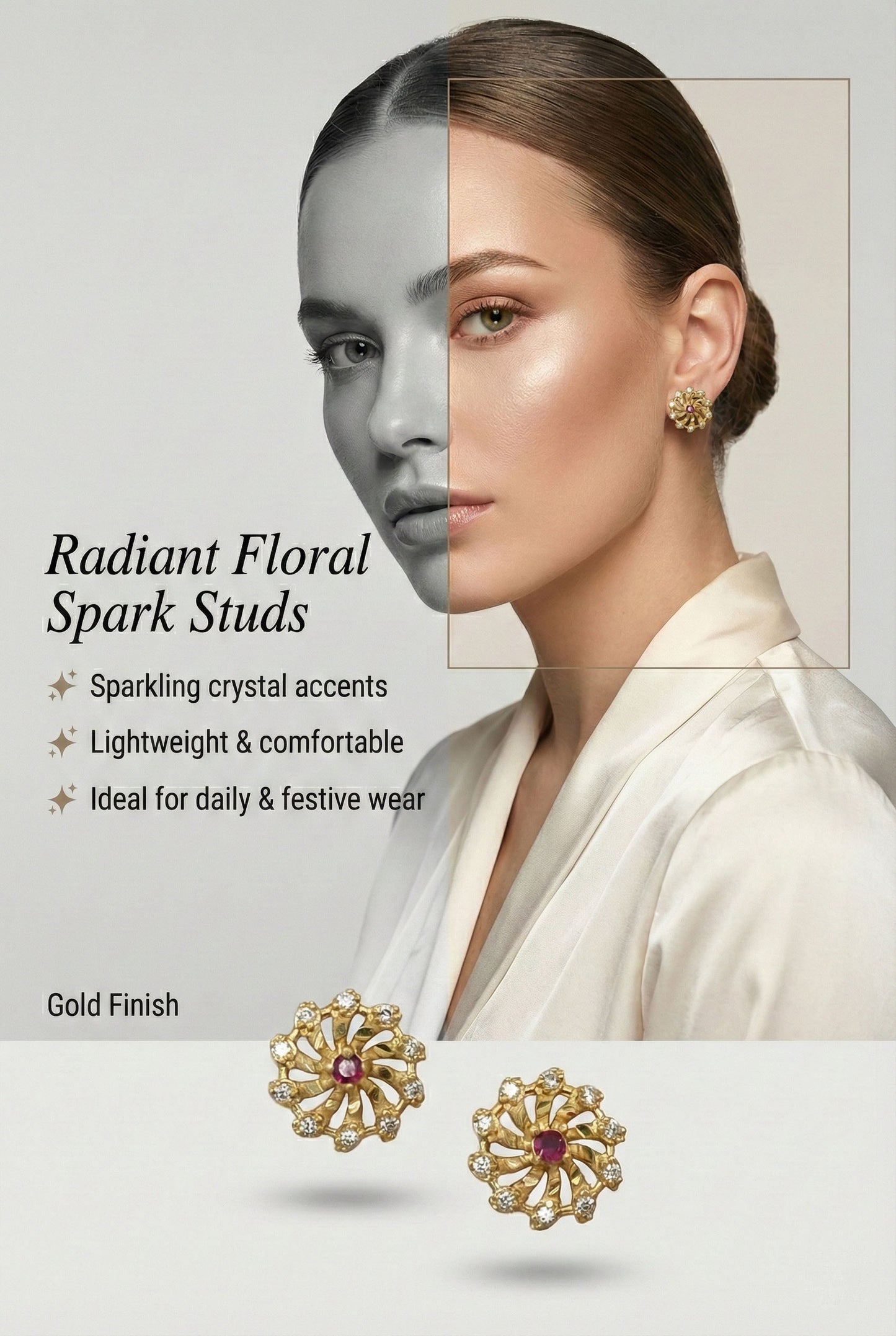 Meira Jewellery Gold Plated Floral & Geometric CZ Stud Earrings for Women, Ruby Centre Stone with Sparkling CZ Accents, Ethnic Traditional Party Jewellery, Lightweight Everyday Small Office Earring-01