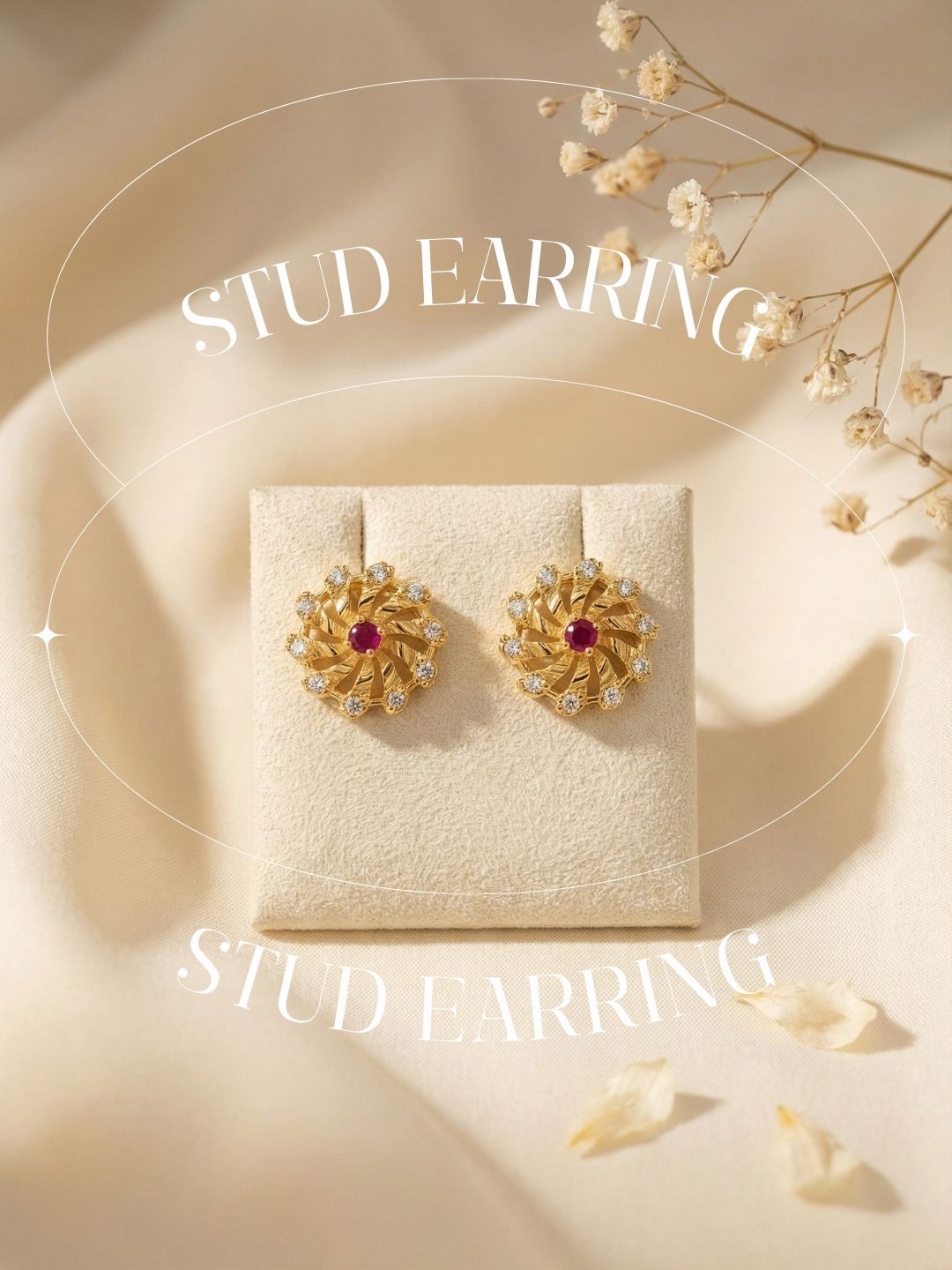 Meira Jewellery Gold Plated Floral & Geometric CZ Stud Earrings for Women, Ruby Centre Stone with Sparkling CZ Accents, Ethnic Traditional Party Jewellery, Lightweight Everyday Small Office Earring-01