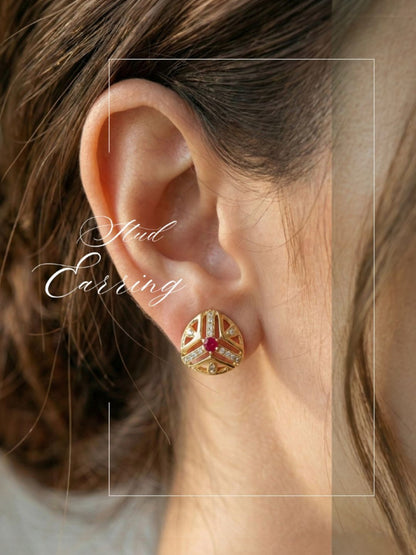 Meira Jewellery Gold Plated Floral & Geometric CZ Stud Earrings for Women, Ruby Centre Stone with Sparkling CZ Accents, Ethnic Traditional Party Jewellery, Lightweight Everyday Small Office Earring-02
