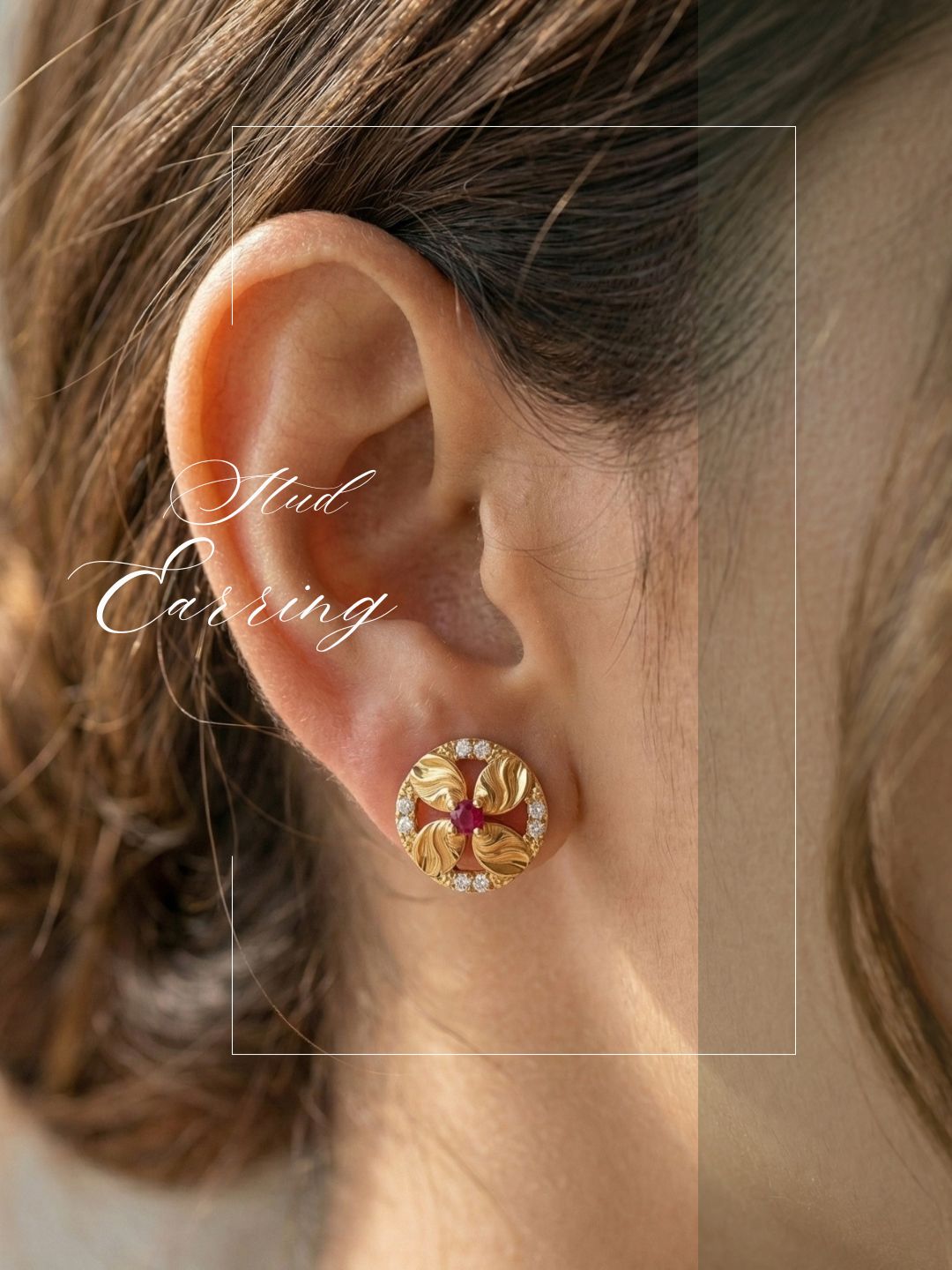 Meira Jewellery Gold Plated Floral & Geometric CZ Stud Earrings for Women, Ruby Centre Stone with Sparkling CZ Accents, Ethnic Traditional Party Jewellery, Lightweight Everyday Small Office Earring-03