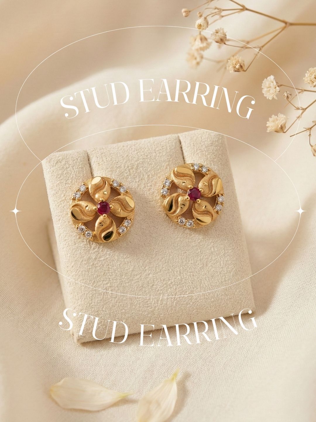 Meira Jewellery Gold Plated Floral & Geometric CZ Stud Earrings for Women, Ruby Centre Stone with Sparkling CZ Accents, Ethnic Traditional Party Jewellery, Lightweight Everyday Small Office Earring-03