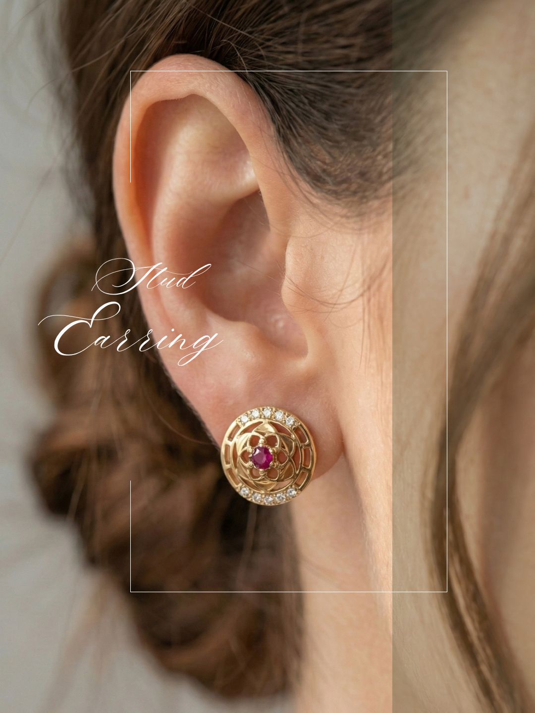 Meira Jewellery Gold Plated Floral & Geometric CZ Stud Earrings for Women, Ruby Centre Stone with Sparkling CZ Accents, Ethnic Traditional Party Jewellery, Lightweight Everyday Small Office Earring-04