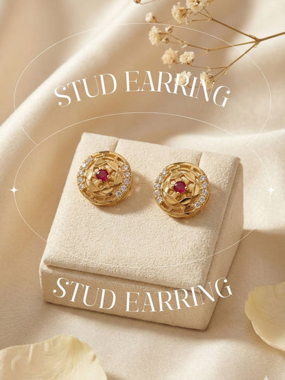 Meira Jewellery Gold Plated Floral & Geometric CZ Stud Earrings for Women, Ruby Centre Stone with Sparkling CZ Accents, Ethnic Traditional Party Jewellery, Lightweight Everyday Small Office Earring-04