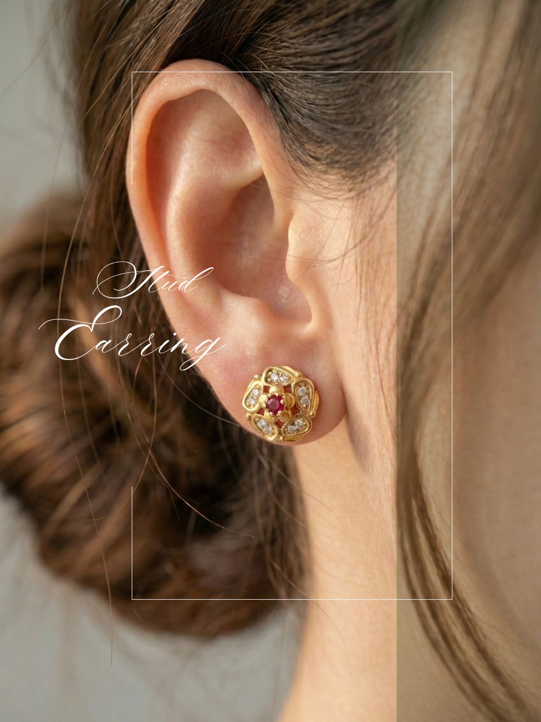 Meira Jewellery Gold Plated Floral & Geometric CZ Stud Earrings for Women, Ruby Centre Stone with Sparkling CZ Accents, Ethnic Traditional Party Jewellery, Lightweight Everyday Small Office Earring-05
