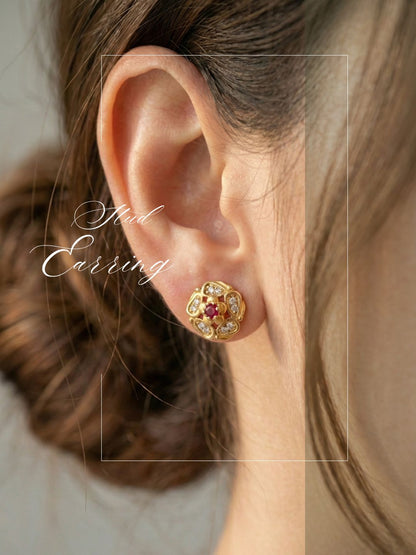 Meira Jewellery Gold Plated Floral & Geometric CZ Stud Earrings for Women, Ruby Centre Stone with Sparkling CZ Accents, Ethnic Traditional Party Jewellery, Lightweight Everyday Small Office Earring-05