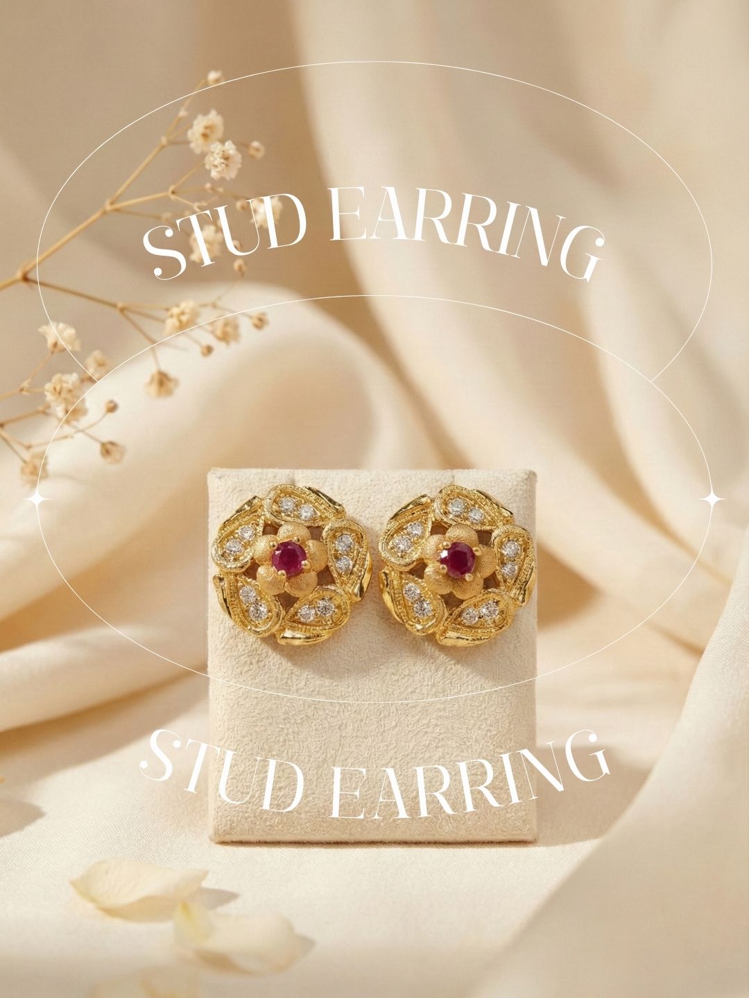 Meira Jewellery Gold Plated Floral & Geometric CZ Stud Earrings for Women, Ruby Centre Stone with Sparkling CZ Accents, Ethnic Traditional Party Jewellery, Lightweight Everyday Small Office Earring-05