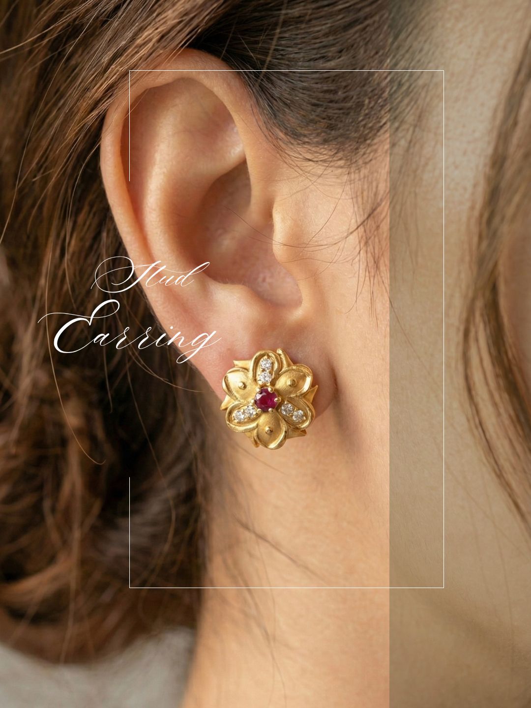 Meira Jewellery Gold Plated Floral & Geometric CZ Stud Earrings for Women, Ruby Centre Stone with Sparkling CZ Accents, Ethnic Traditional Party Jewellery, Lightweight Everyday Small Office Earring-06