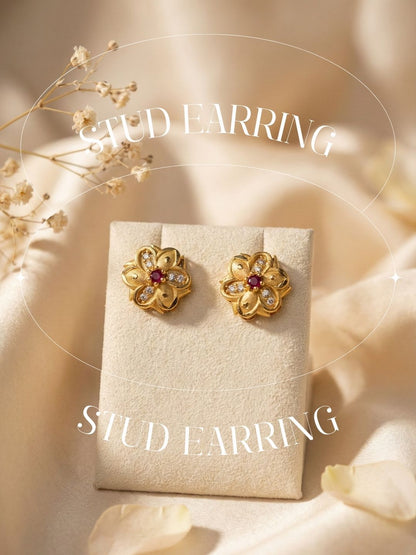 Meira Jewellery Gold Plated Floral & Geometric CZ Stud Earrings for Women, Ruby Centre Stone with Sparkling CZ Accents, Ethnic Traditional Party Jewellery, Lightweight Everyday Small Office Earring-06