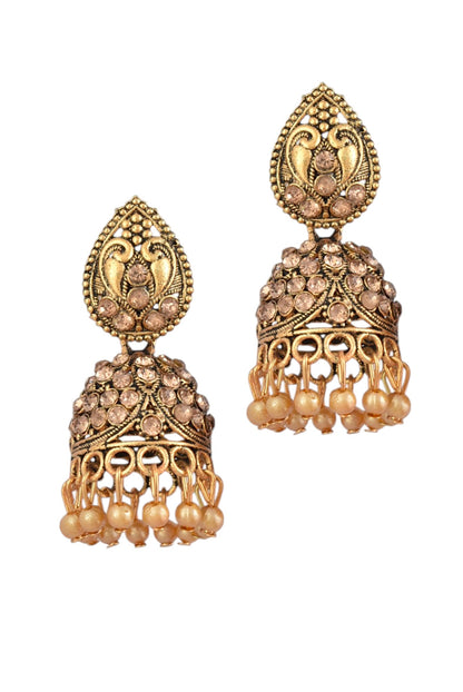 Oxidised Gold Plated, Stone and Pearl Studded Jhumka Earrings for Women and Girls