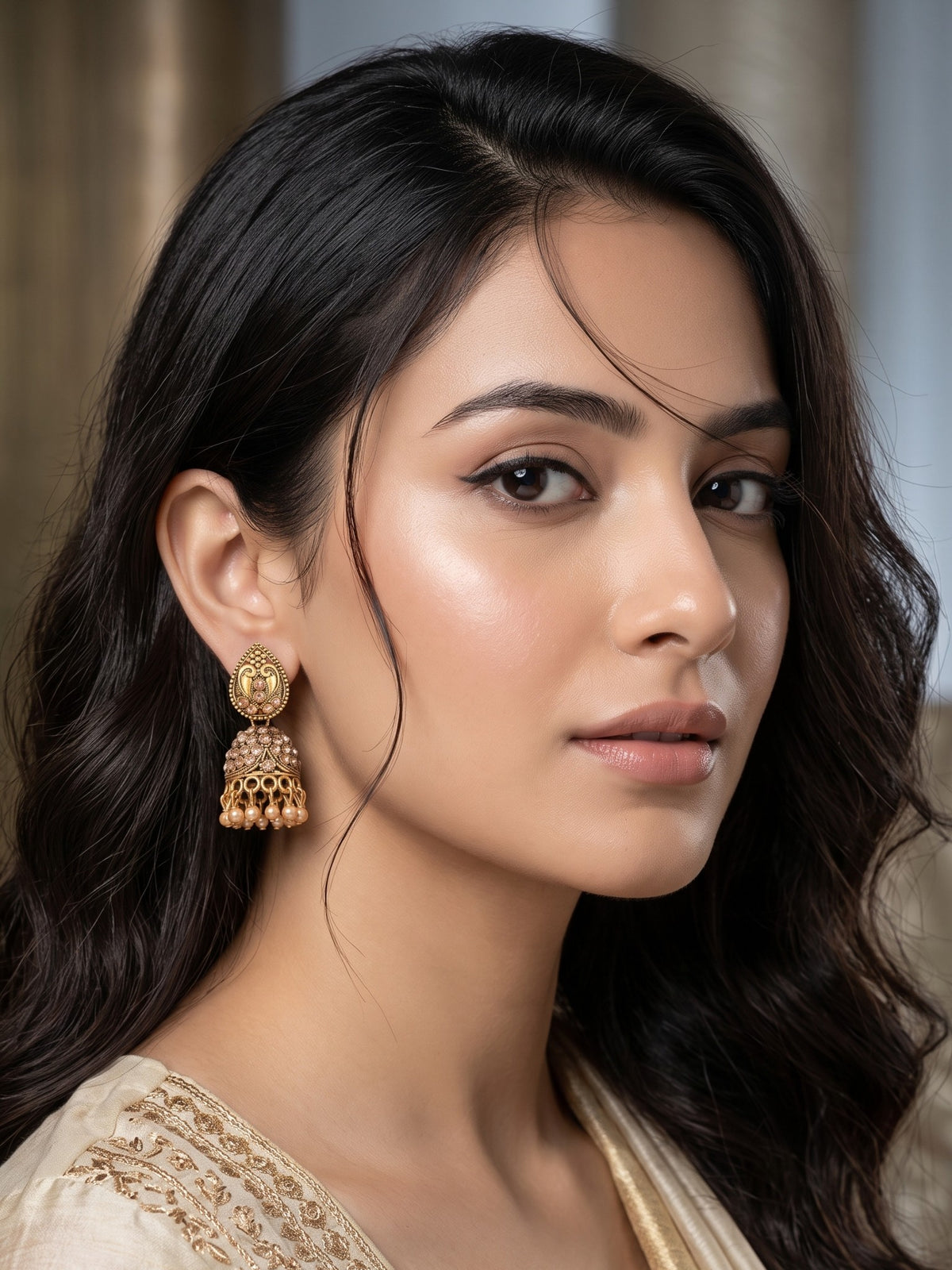 Oxidised Gold Plated, Stone and Pearl Studded Jhumka Earrings for Women and Girls