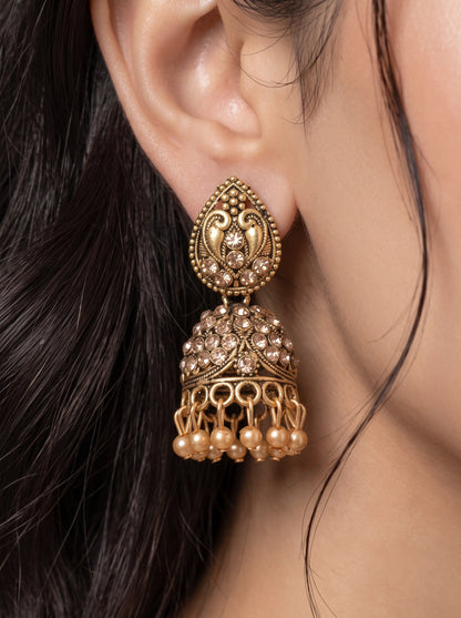 Oxidised Gold Plated, Stone and Pearl Studded Jhumka Earrings for Women and Girls