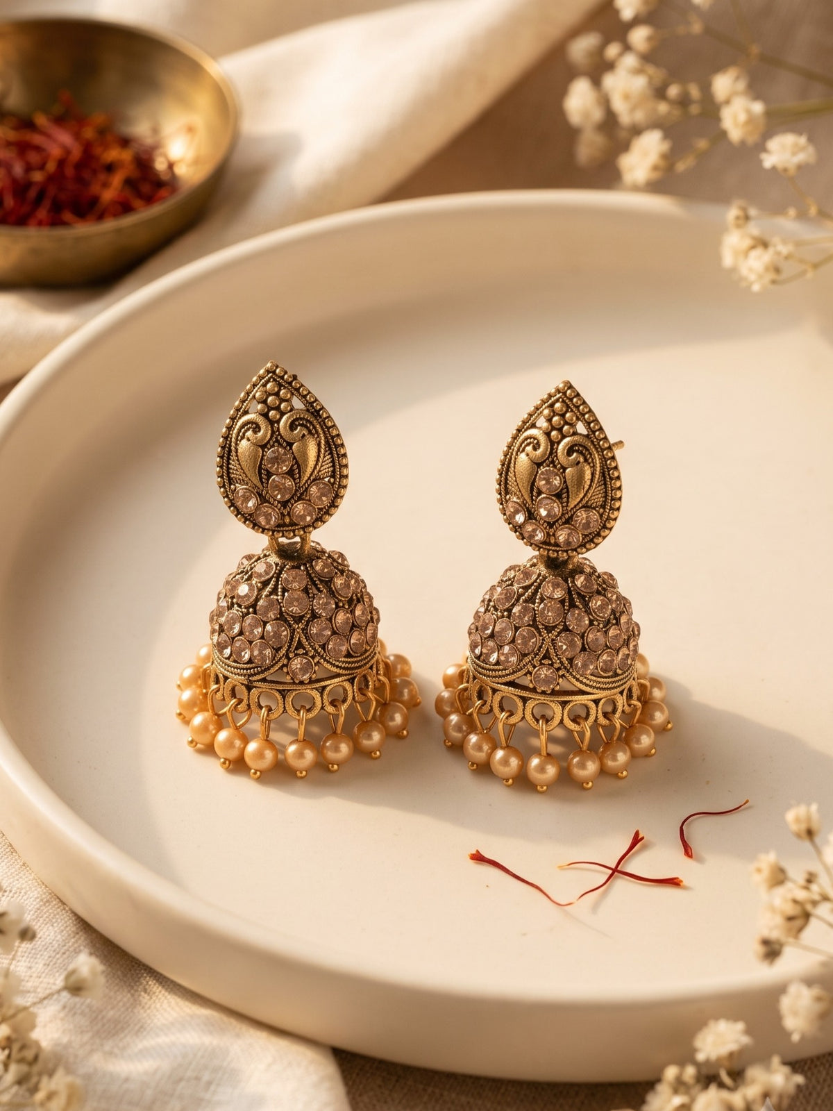 Oxidised Gold Plated, Stone and Pearl Studded Jhumka Earrings for Women and Girls