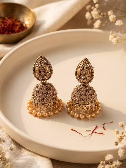 Oxidised Gold Plated, Stone and Pearl Studded Jhumka Earrings for Women and Girls