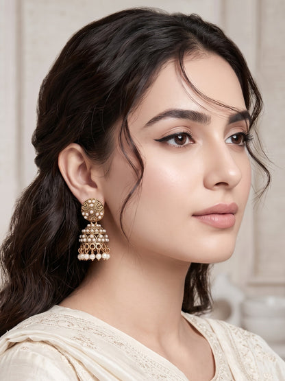 Oxidised Gold Plated, Stone and Pearl Studded Jhumka Earrings for Women and Girls