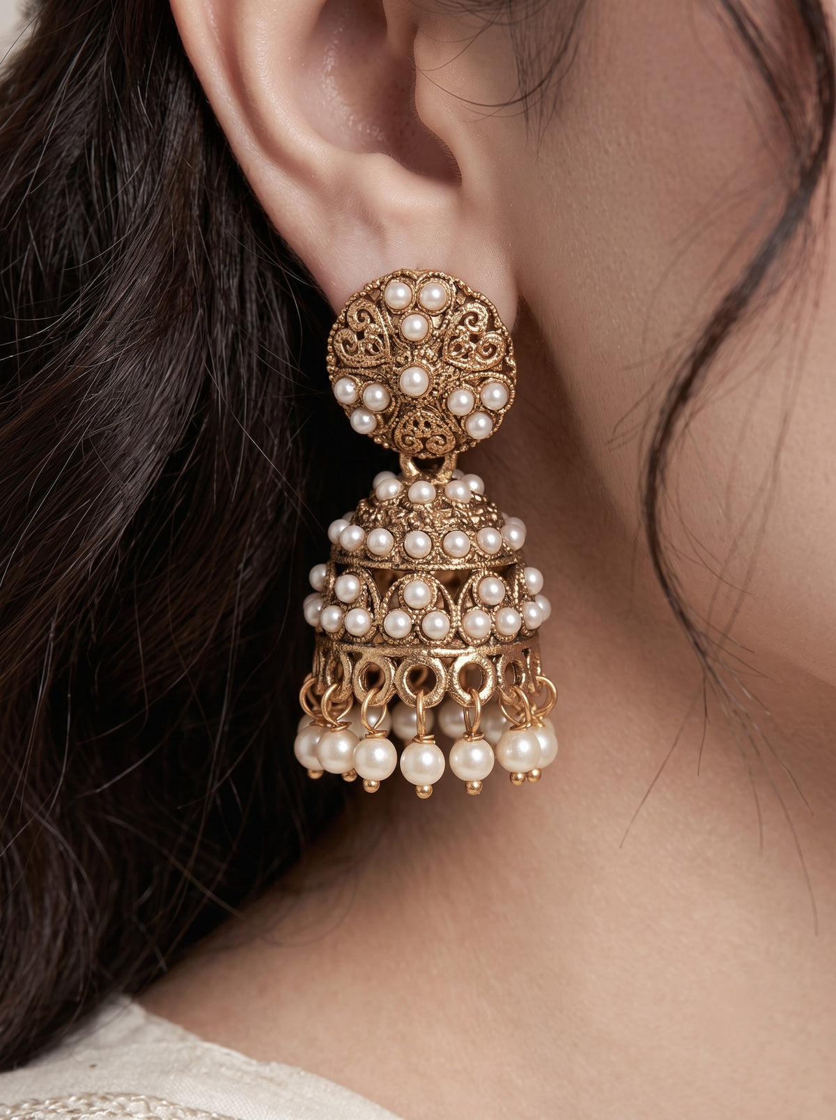 Oxidised Gold Plated, Stone and Pearl Studded Jhumka Earrings for Women and Girls