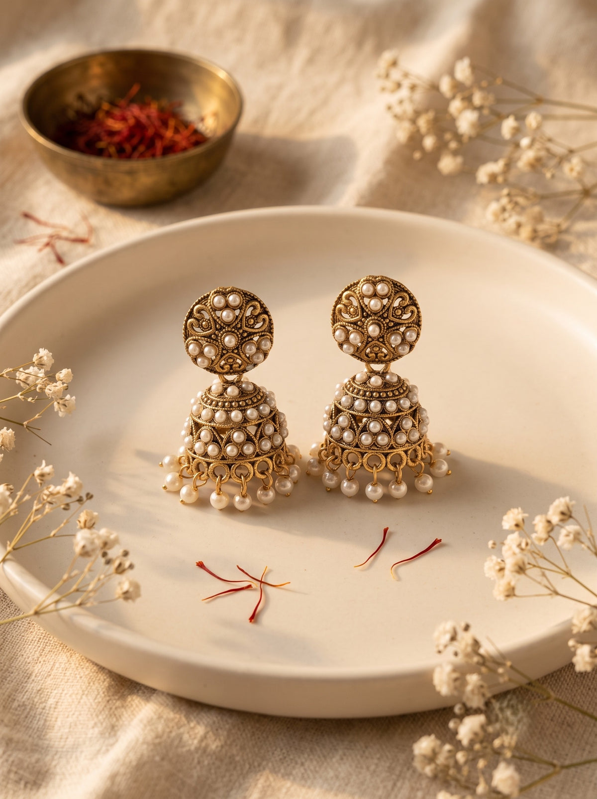 Oxidised Gold Plated, Stone and Pearl Studded Jhumka Earrings for Women and Girls