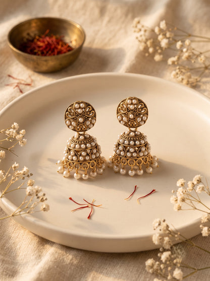 Oxidised Gold Plated, Stone and Pearl Studded Jhumka Earrings for Women and Girls