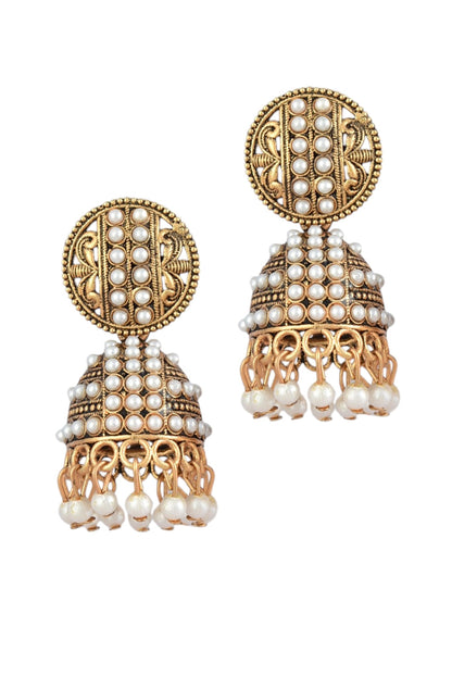 Oxidised Gold Plated, Stone and Pearl Studded Jhumka Earrings for Women and Girls