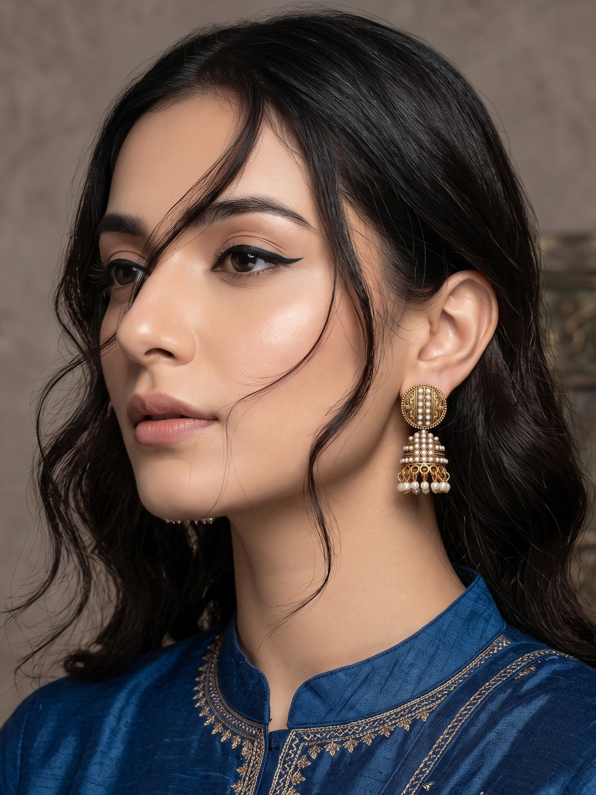 Oxidised Gold Plated, Stone and Pearl Studded Jhumka Earrings for Women and Girls