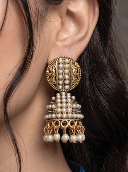 Oxidised Gold Plated, Stone and Pearl Studded Jhumka Earrings for Women and Girls