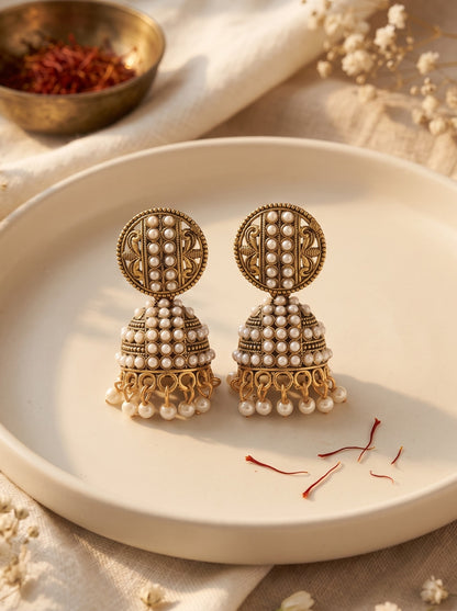 Oxidised Gold Plated, Stone and Pearl Studded Jhumka Earrings for Women and Girls