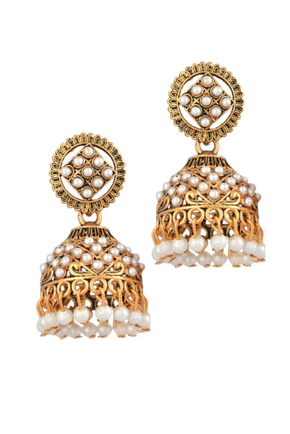 Oxidised Gold Plated, Stone and Pearl Studded Jhumka Earrings for Women and Girls