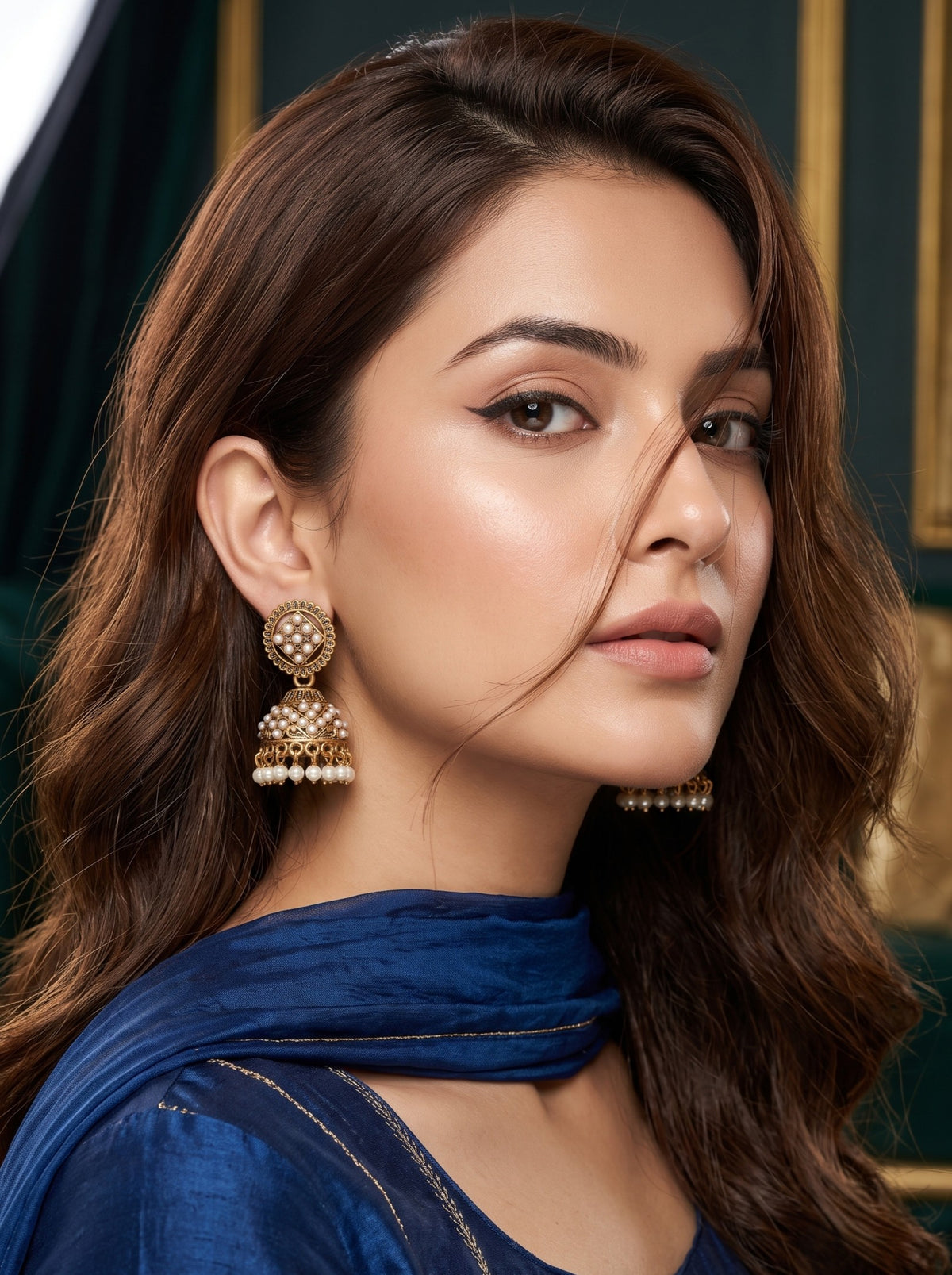 Oxidised Gold Plated, Stone and Pearl Studded Jhumka Earrings for Women and Girls