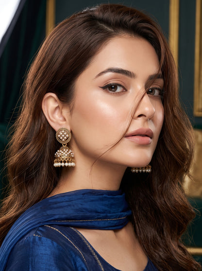Oxidised Gold Plated, Stone and Pearl Studded Jhumka Earrings for Women and Girls
