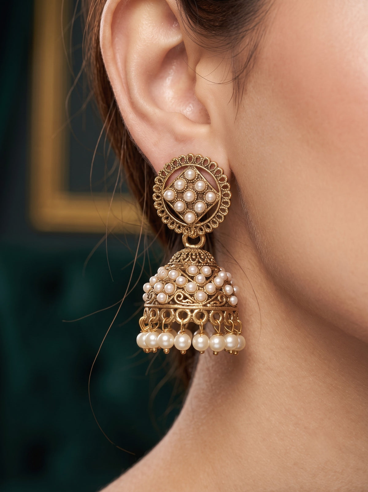 Oxidised Gold Plated, Stone and Pearl Studded Jhumka Earrings for Women and Girls