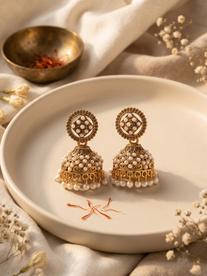 Oxidised Gold Plated, Stone and Pearl Studded Jhumka Earrings for Women and Girls