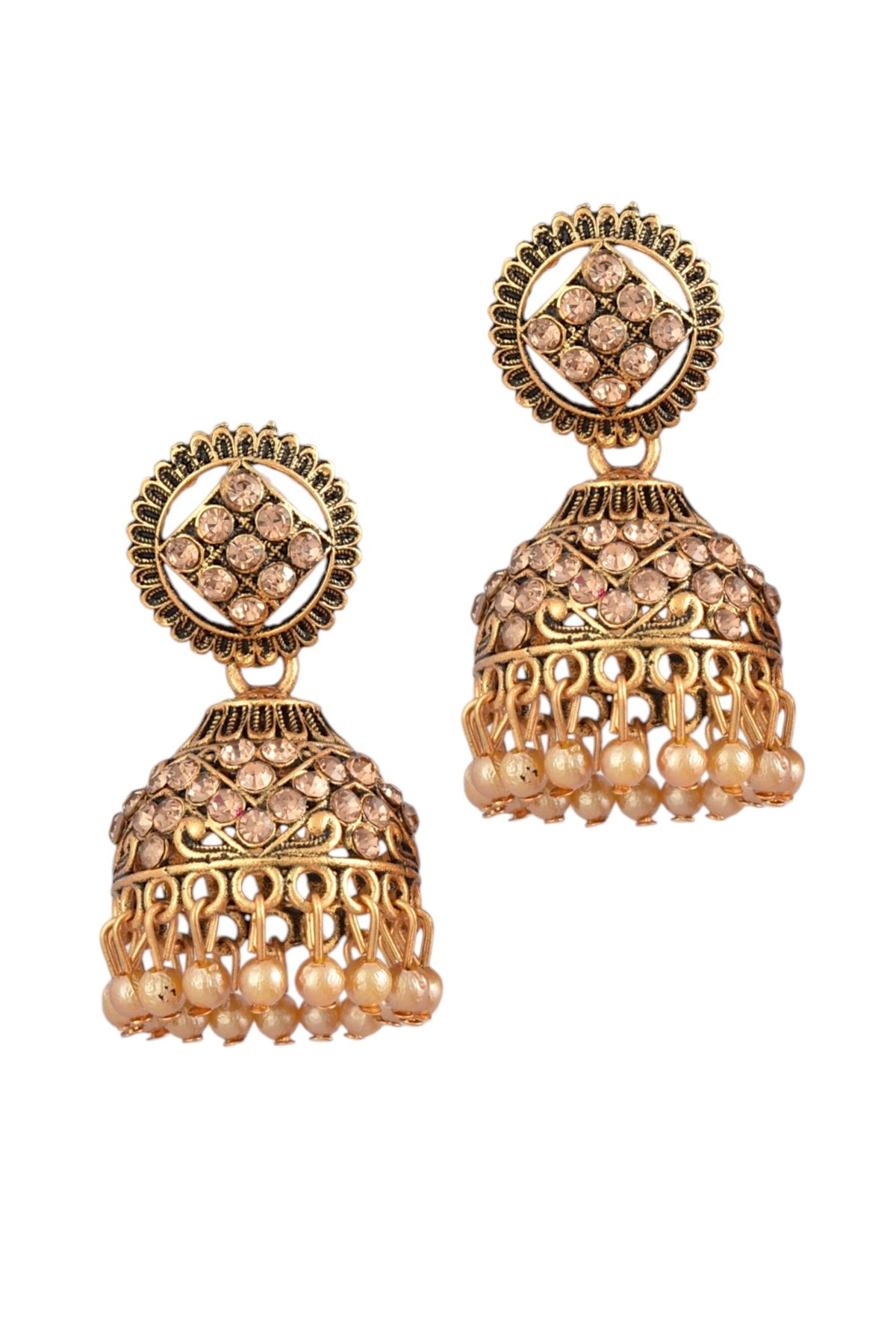Oxidised Gold Plated, Stone and Pearl Studded Jhumka Earrings for Women and Girls