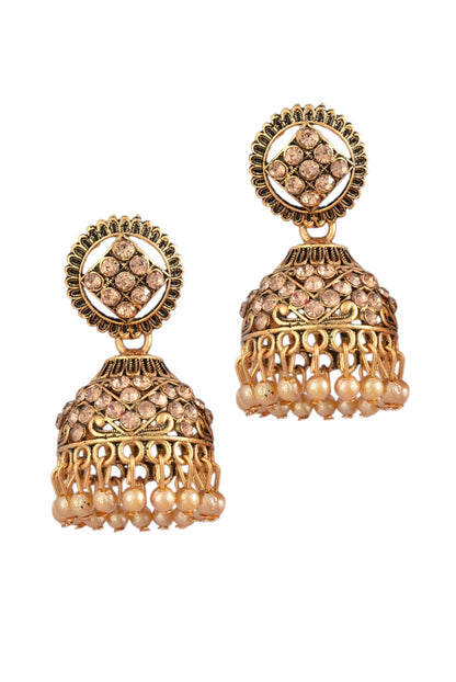 Oxidised Gold Plated, Stone and Pearl Studded Jhumka Earrings for Women and Girls